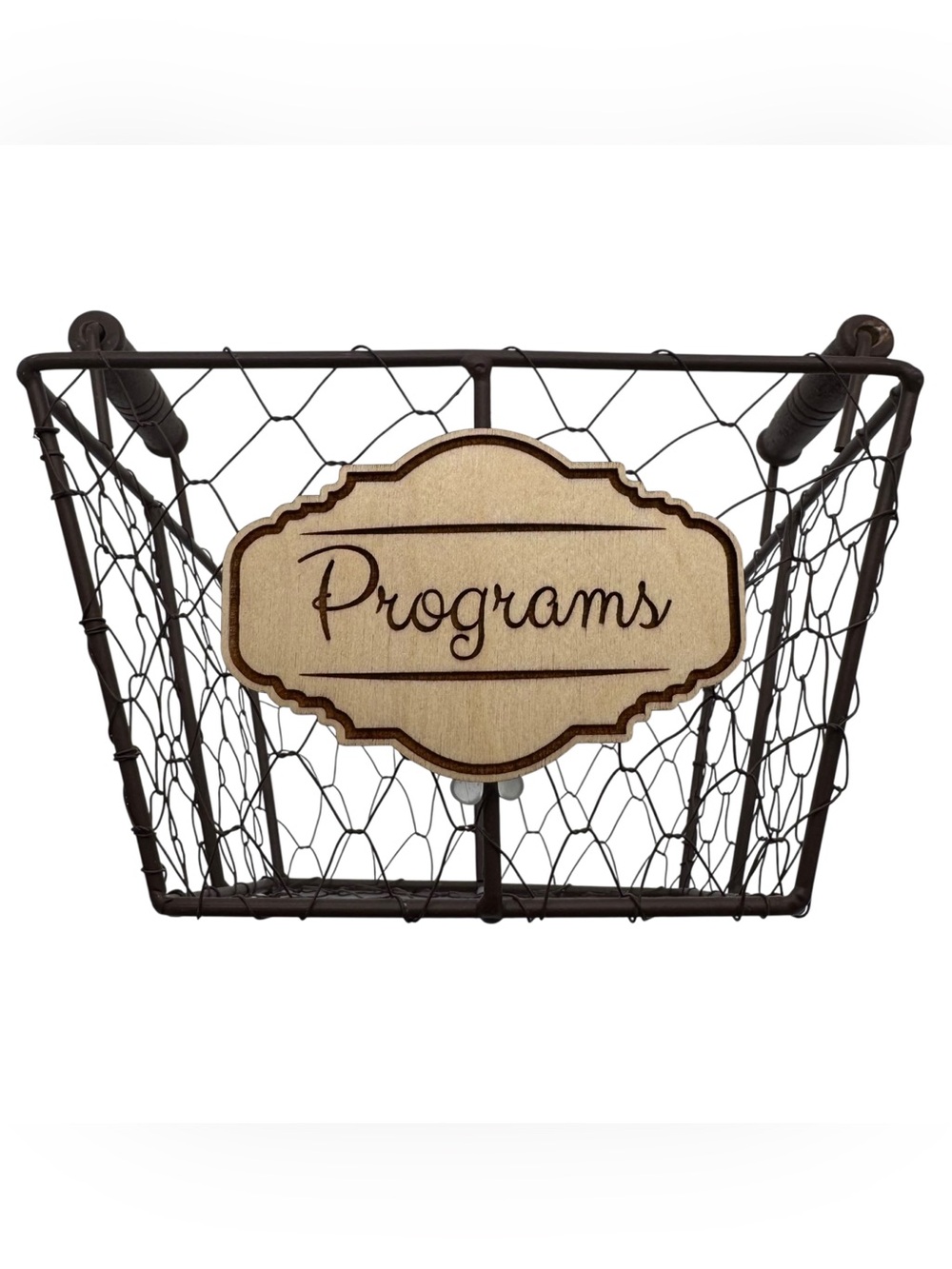 “Programs” Party Basket Smooth Wood Handles Finished Metal